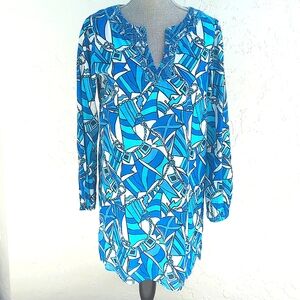 SAIL TO SABLE Blue Flag Shift Tunic Dress Cotton Above Knee long sleeve Sz S
